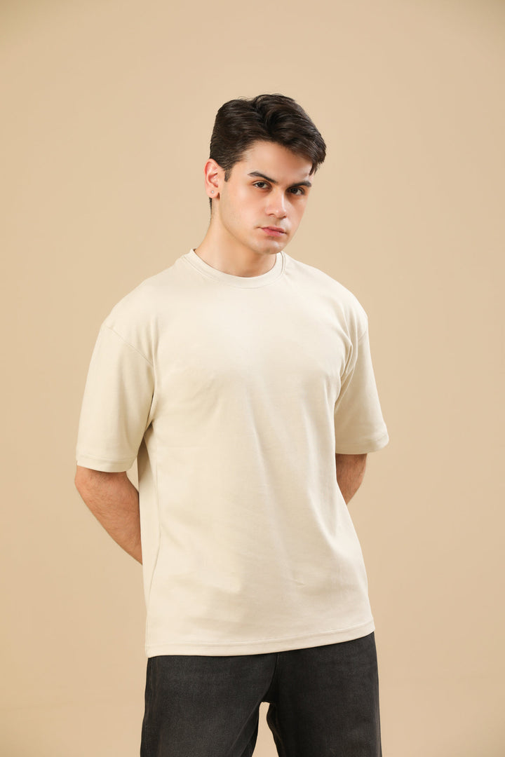 Muraqsh Ready To Wear Solids Cotton Men Beige Interlock Oversized Tee ABD-BGOT - Summer Collection