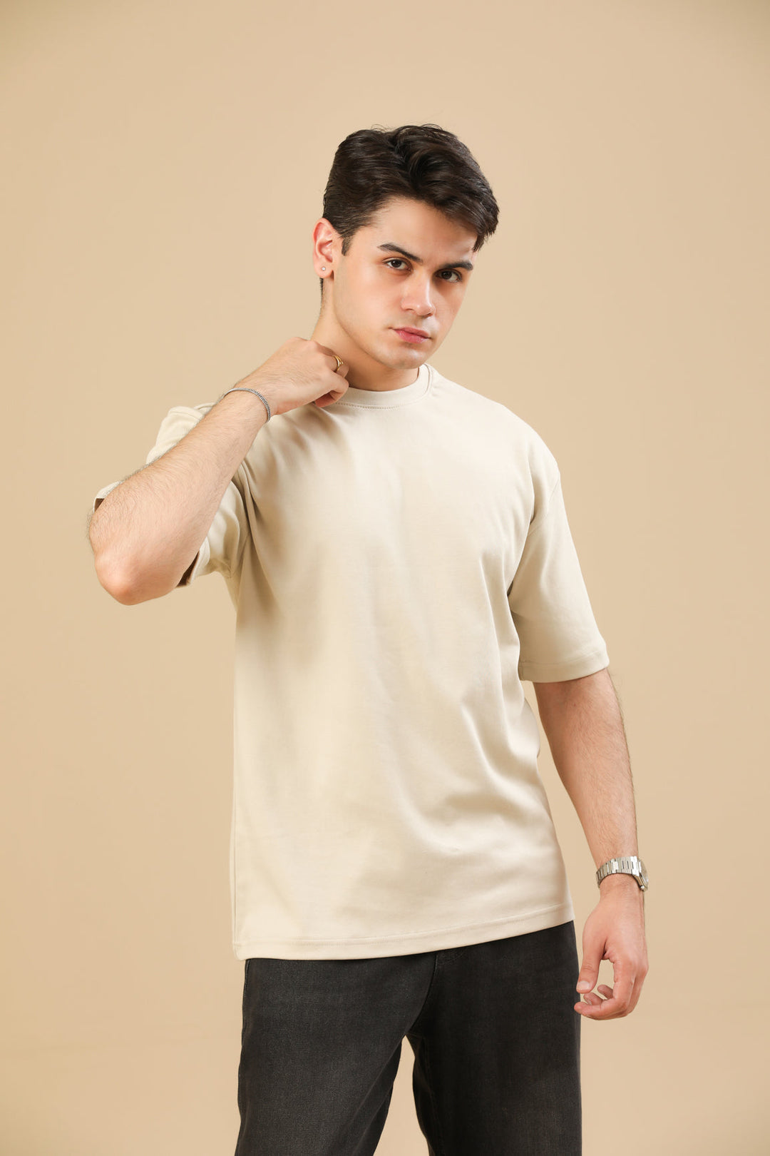 Muraqsh Ready To Wear Solids Cotton Men Beige Interlock Oversized Tee ABD-BGOT - Summer Collection