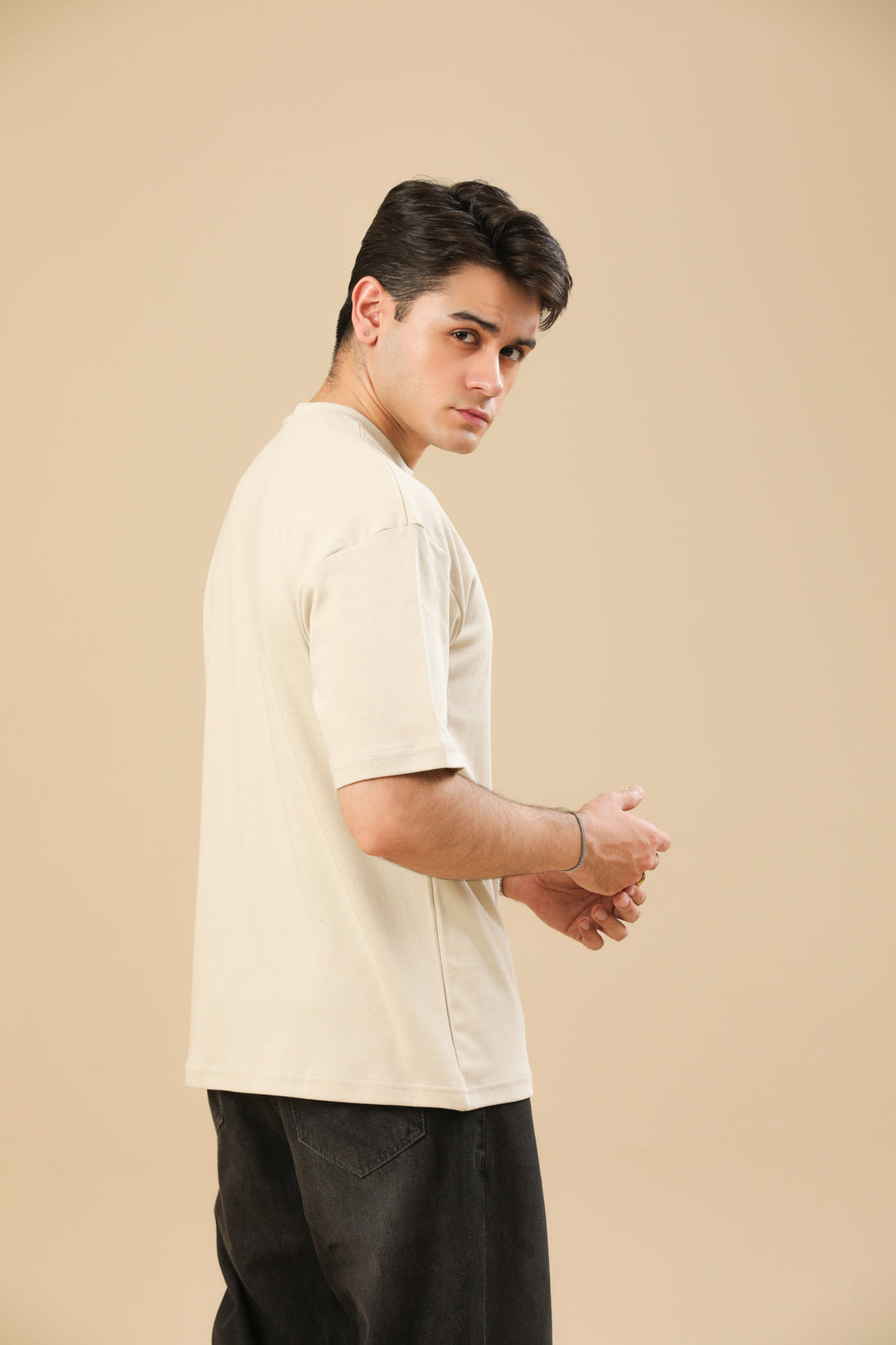 Muraqsh Ready To Wear Solids Cotton Men Beige Interlock Oversized Tee ABD-BGOT - Summer Collection