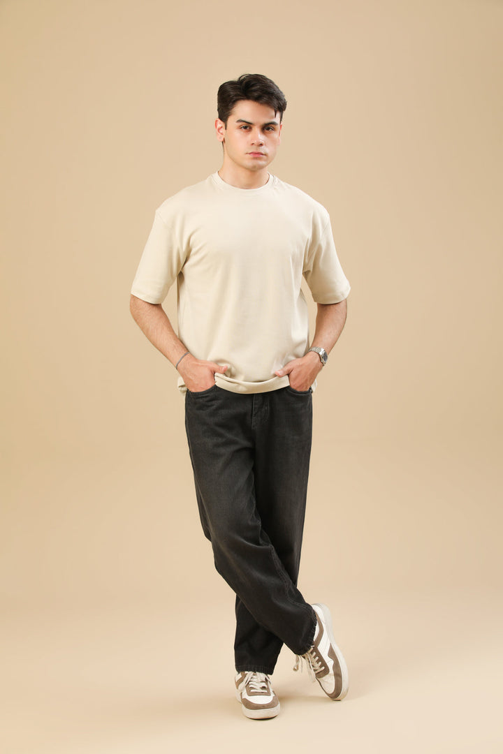 Muraqsh Ready To Wear Solids Cotton Men Beige Interlock Oversized Tee ABD-BGOT - Summer Collection