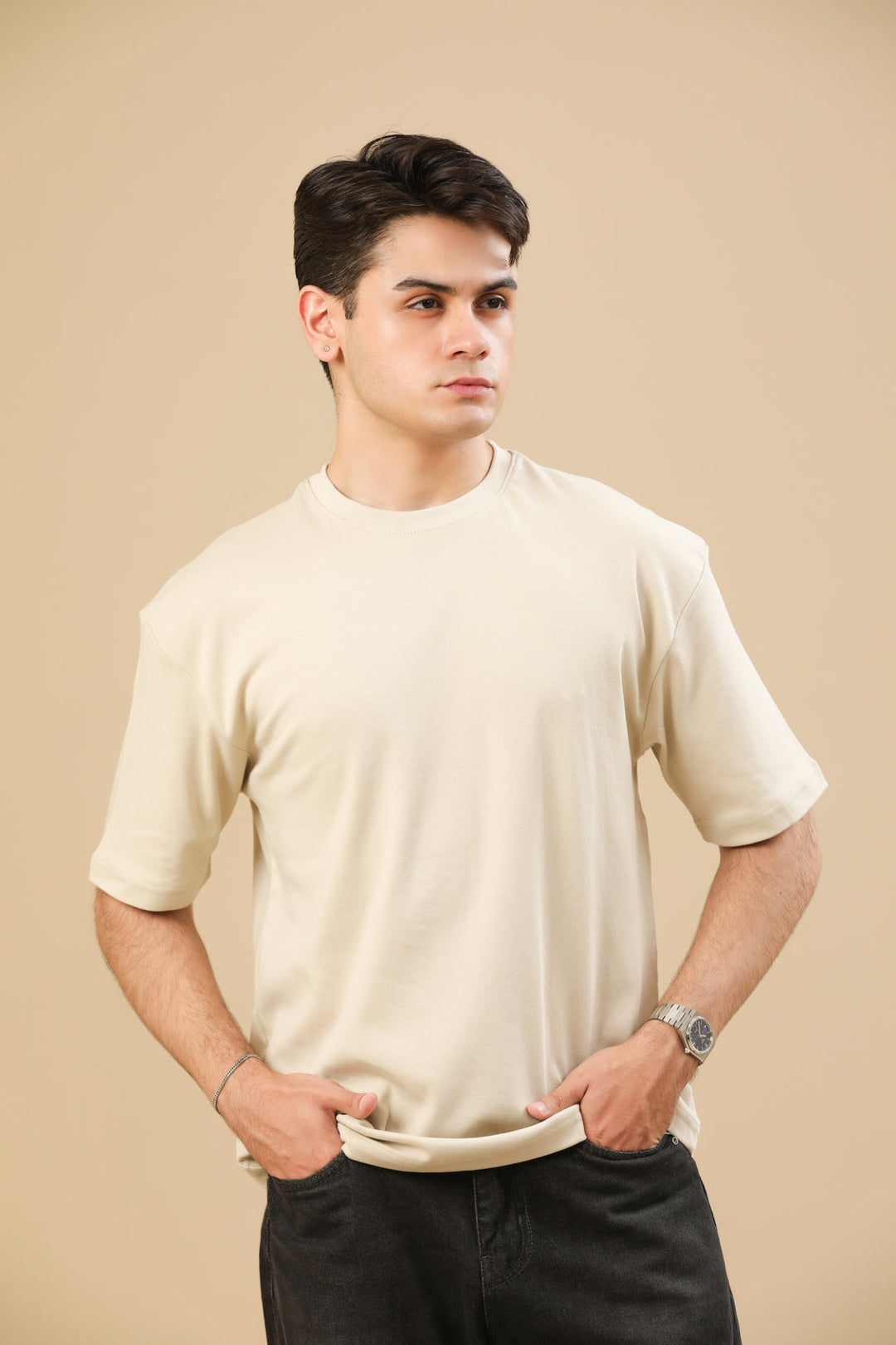 Muraqsh Ready To Wear Solids Cotton Men Beige Interlock Oversized Tee ABD-BGOT - Summer Collection