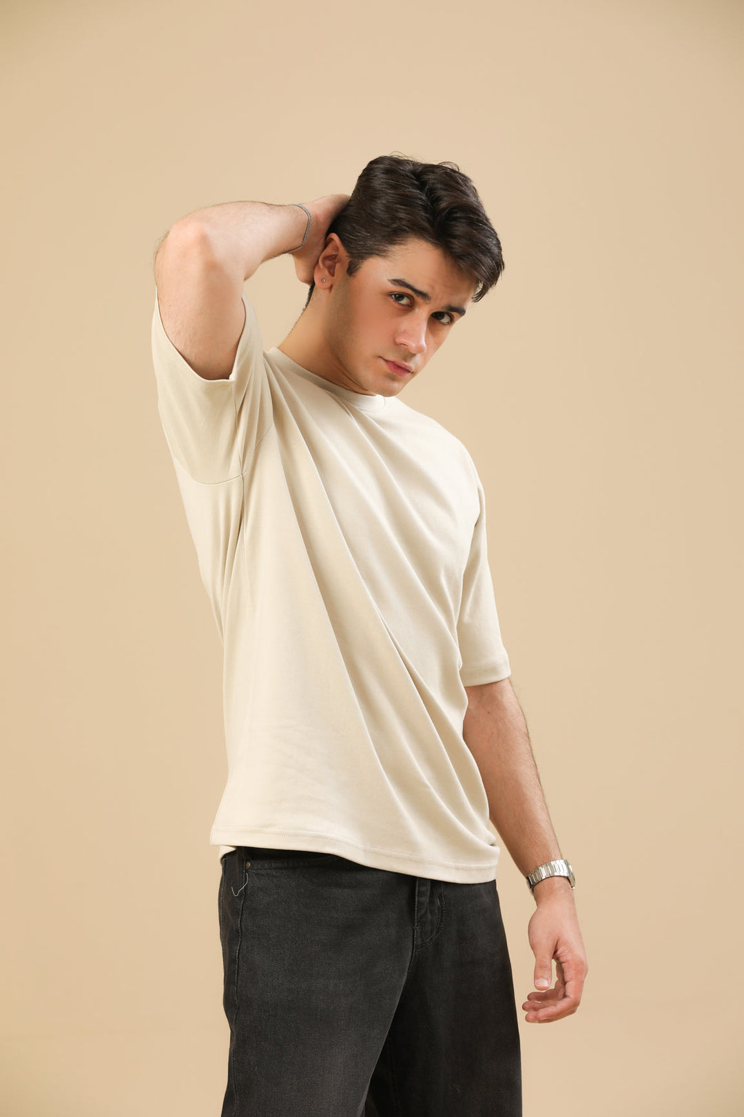 Muraqsh Ready To Wear Solids Cotton Men Beige Interlock Oversized Tee ABD-BGOT - Summer Collection