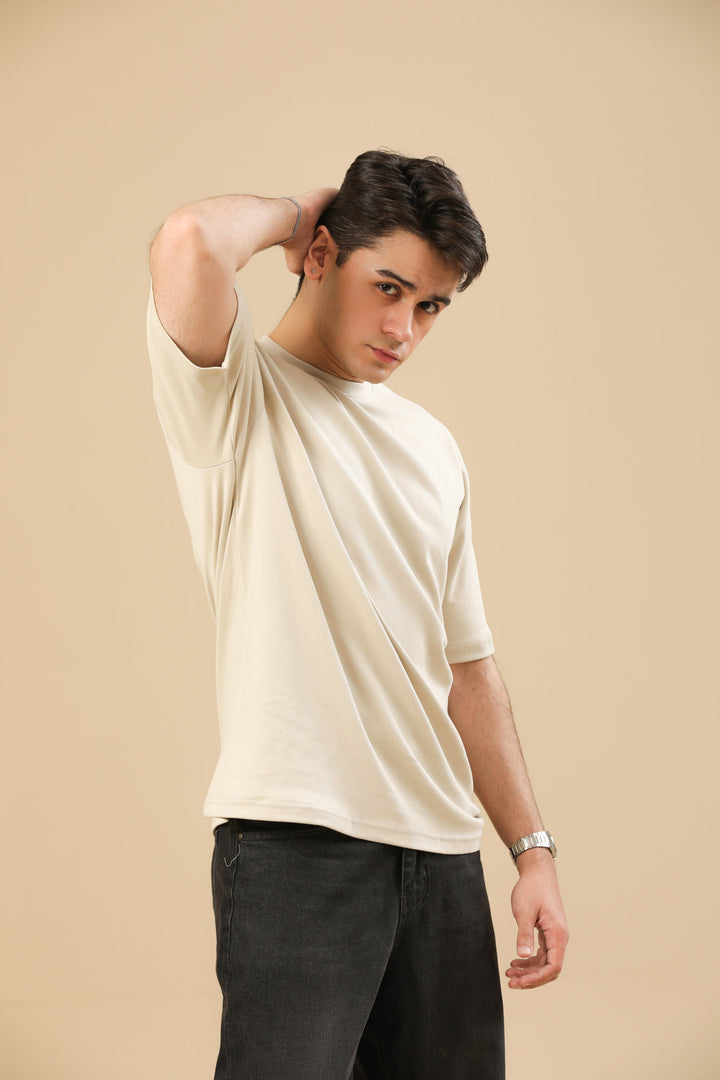 Muraqsh Ready To Wear Solids Cotton Men Beige Interlock Oversized Tee ABD-BGOT - Summer Collection