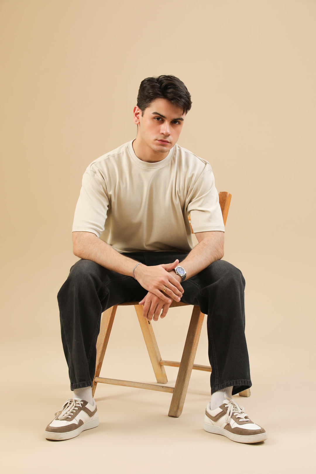 Muraqsh Ready To Wear Solids Cotton Men Beige Interlock Oversized Tee ABD-BGOT - Summer Collection