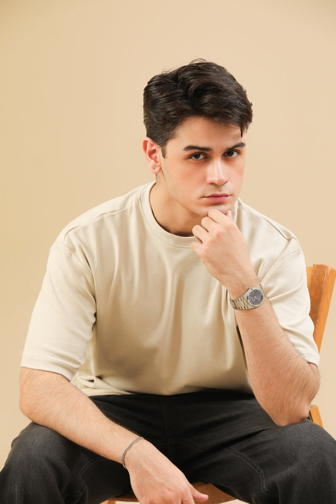 Muraqsh Ready To Wear Solids Cotton Men Beige Interlock Oversized Tee ABD-BGOT - Summer Collection