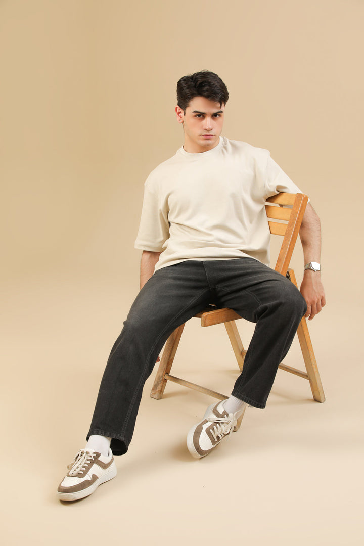 Muraqsh Ready To Wear Solids Cotton Men Beige Interlock Oversized Tee ABD-BGOT - Summer Collection