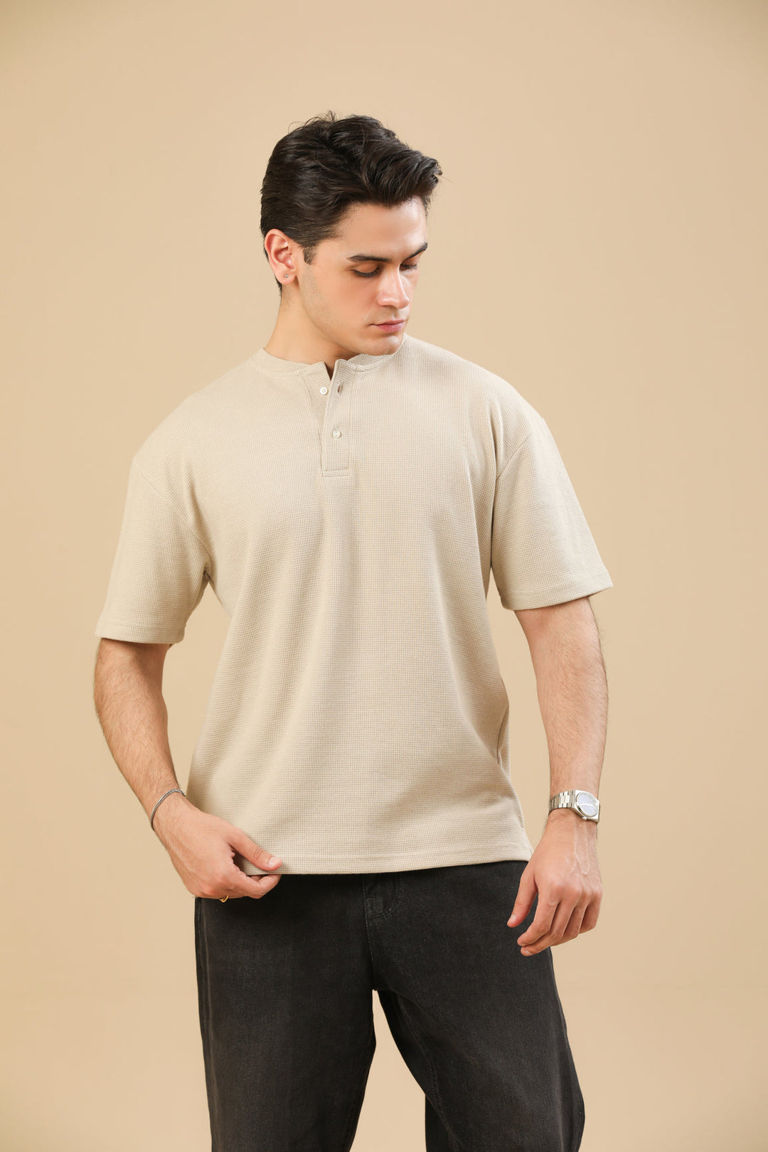Muraqsh Ready To Wear Solids Waffle Men Beige White Oversized Henley ABD-BWWOH - Summer Collection