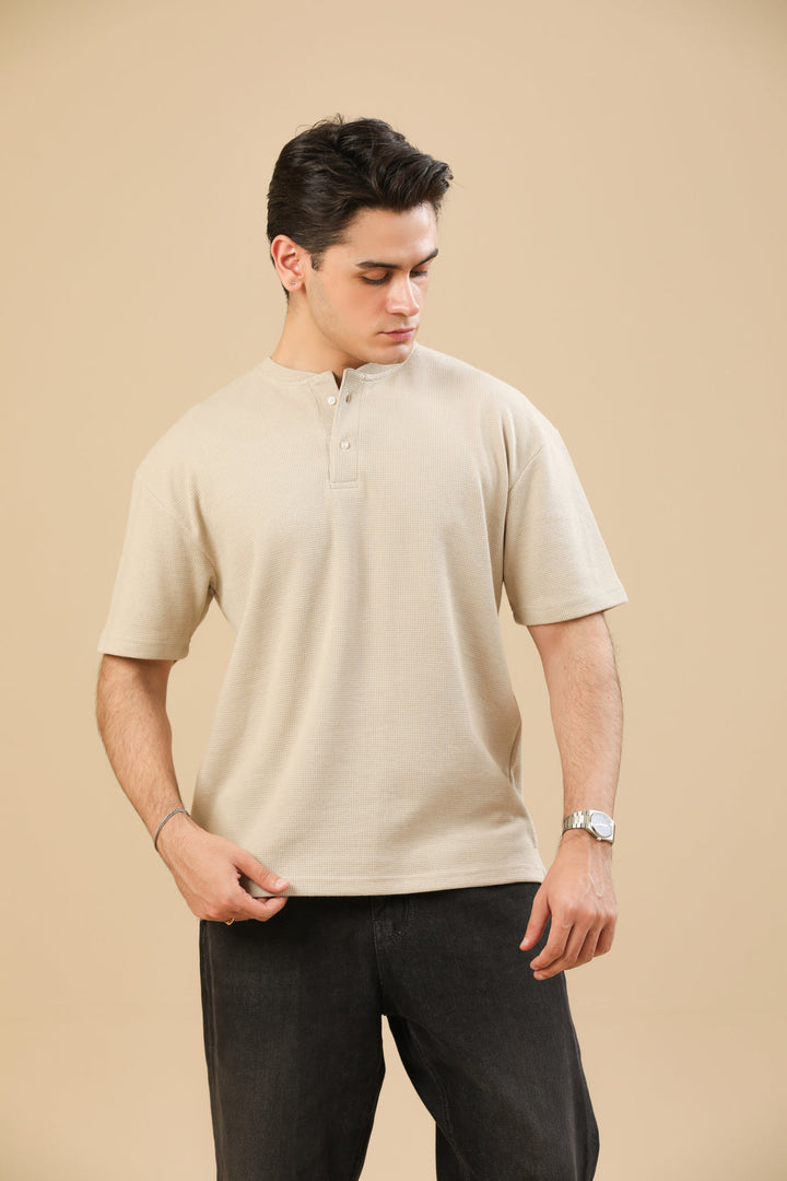Muraqsh Ready To Wear Solids Waffle Men Beige White Oversized Henley ABD-BWWOH - Summer Collection