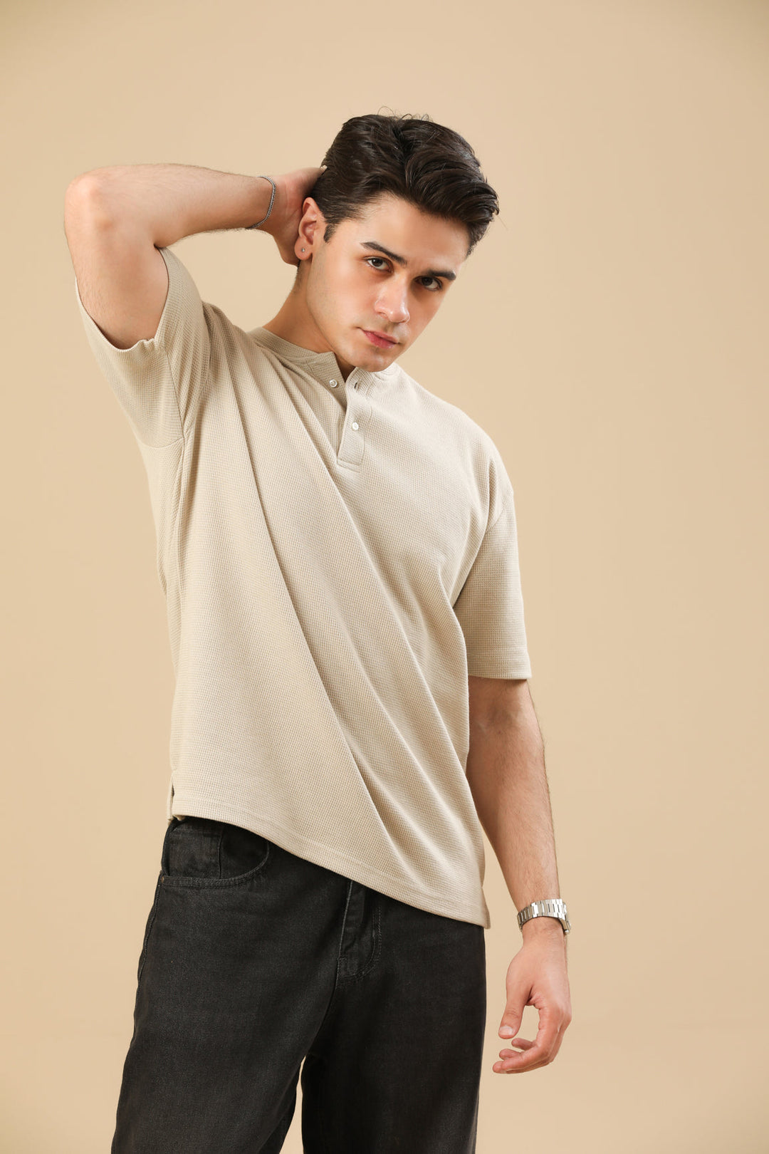 Muraqsh Ready To Wear Solids Waffle Men Beige White Oversized Henley ABD-BWWOH - Summer Collection