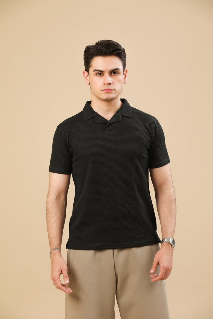 Muraqsh Ready To Wear Solids Cotton Men Black Drop Needle Revere Polo ABD-BDNRP - Summer Collection