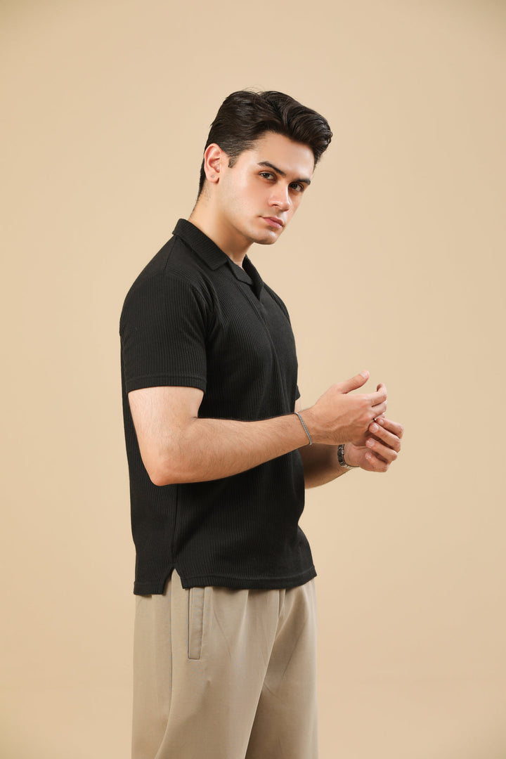 Muraqsh Ready To Wear Solids Cotton Men Black Drop Needle Revere Polo ABD-BDNRP - Summer Collection