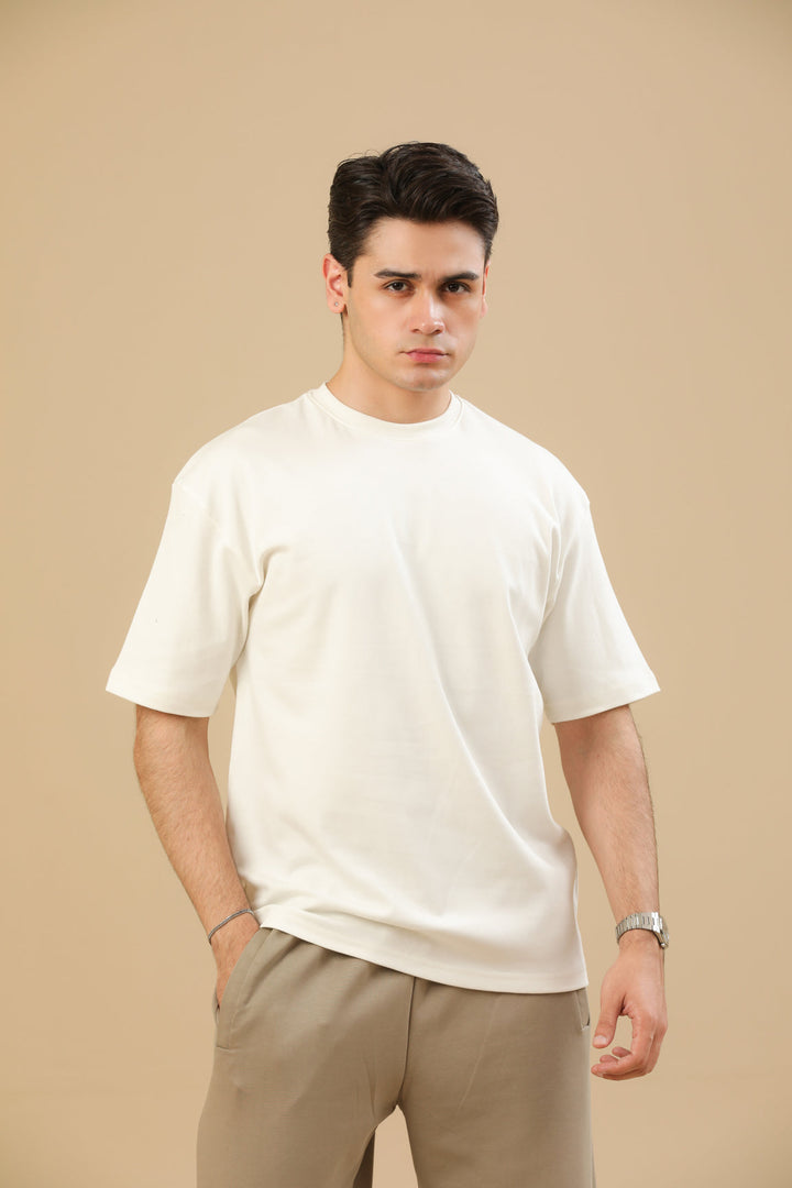 Muraqsh Ready To Wear Solids Cotton Men Off White Interlock Oversized Tee ABD-OWIOT - Summer Collection