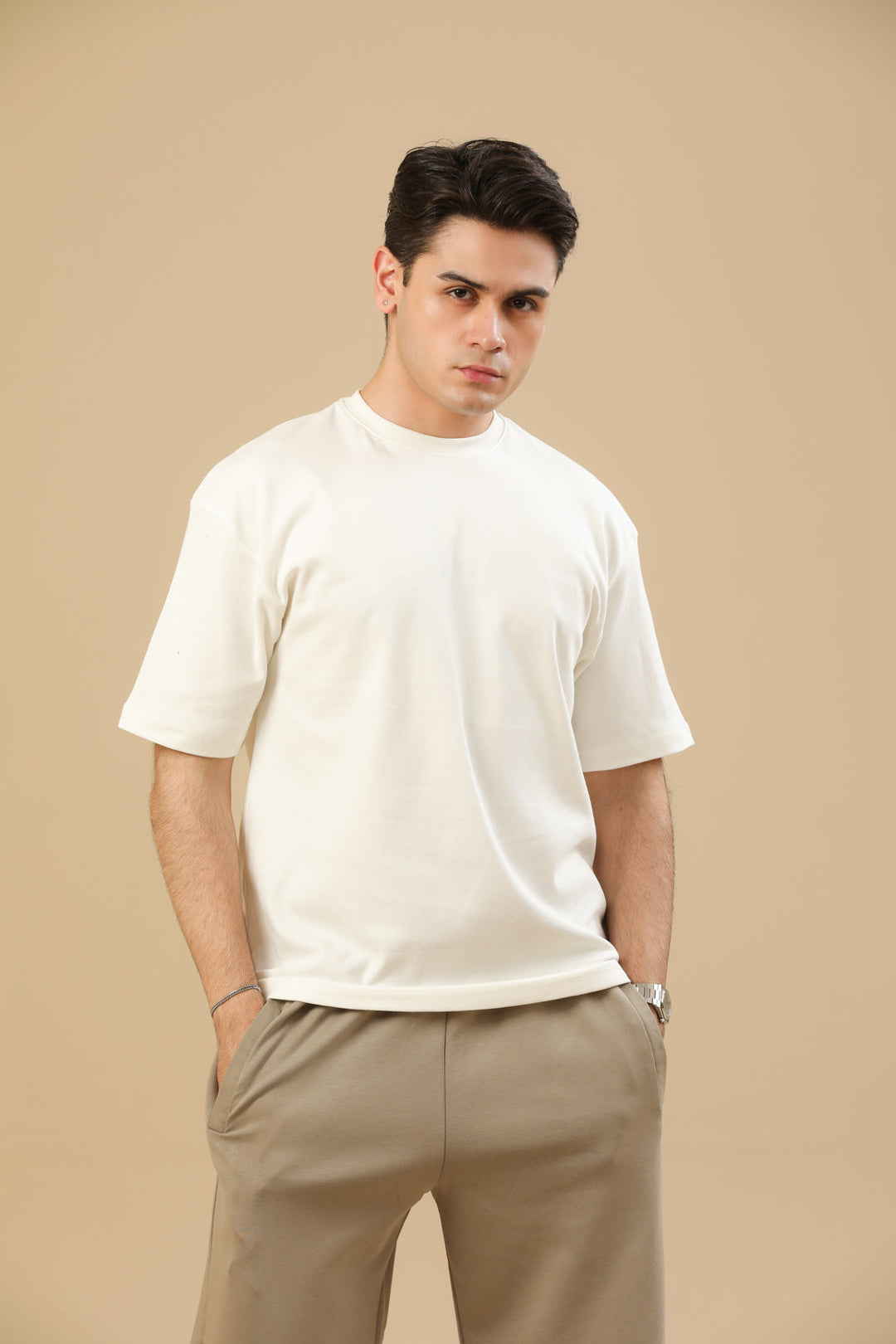 Muraqsh Ready To Wear Solids Cotton Men Off White Interlock Oversized Tee ABD-OWIOT - Summer Collection
