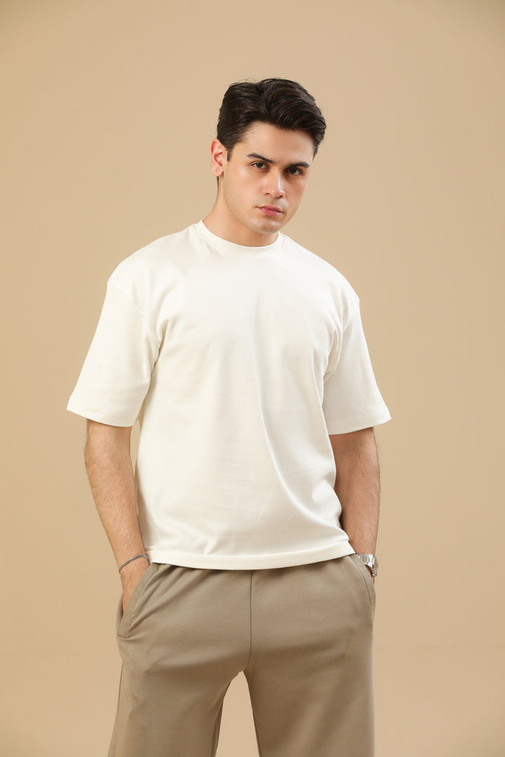 Muraqsh Ready To Wear Solids Cotton Men Off White Interlock Oversized Tee ABD-OWIOT - Summer Collection