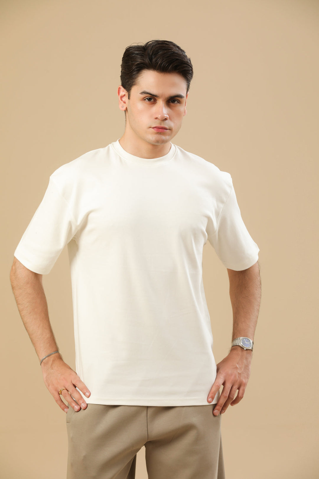 Muraqsh Ready To Wear Solids Cotton Men Off White Interlock Oversized Tee ABD-OWIOT - Summer Collection