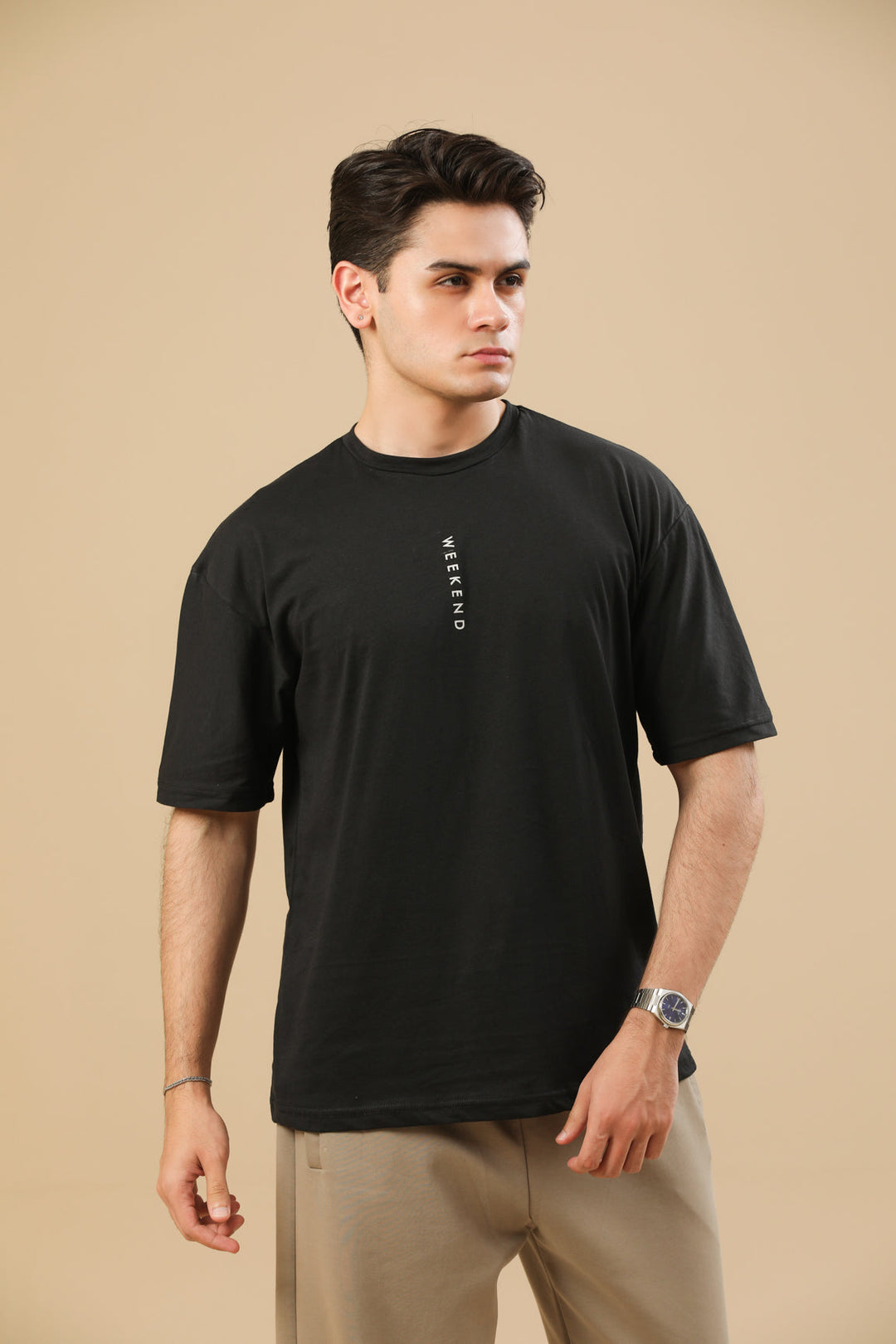 Muraqsh Ready To Wear Solids Cotton Men Weekend Oversized Tee in Black ABD-WOSTB - Summer Collection