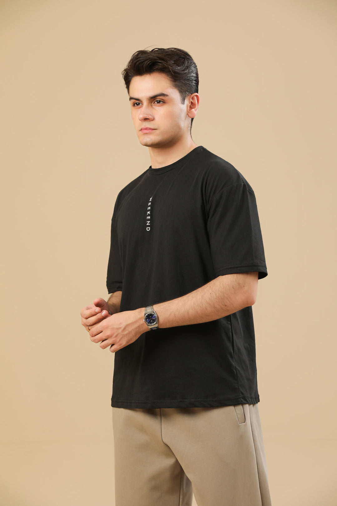 Muraqsh Ready To Wear Solids Cotton Men Weekend Oversized Tee in Black ABD-WOSTB - Summer Collection