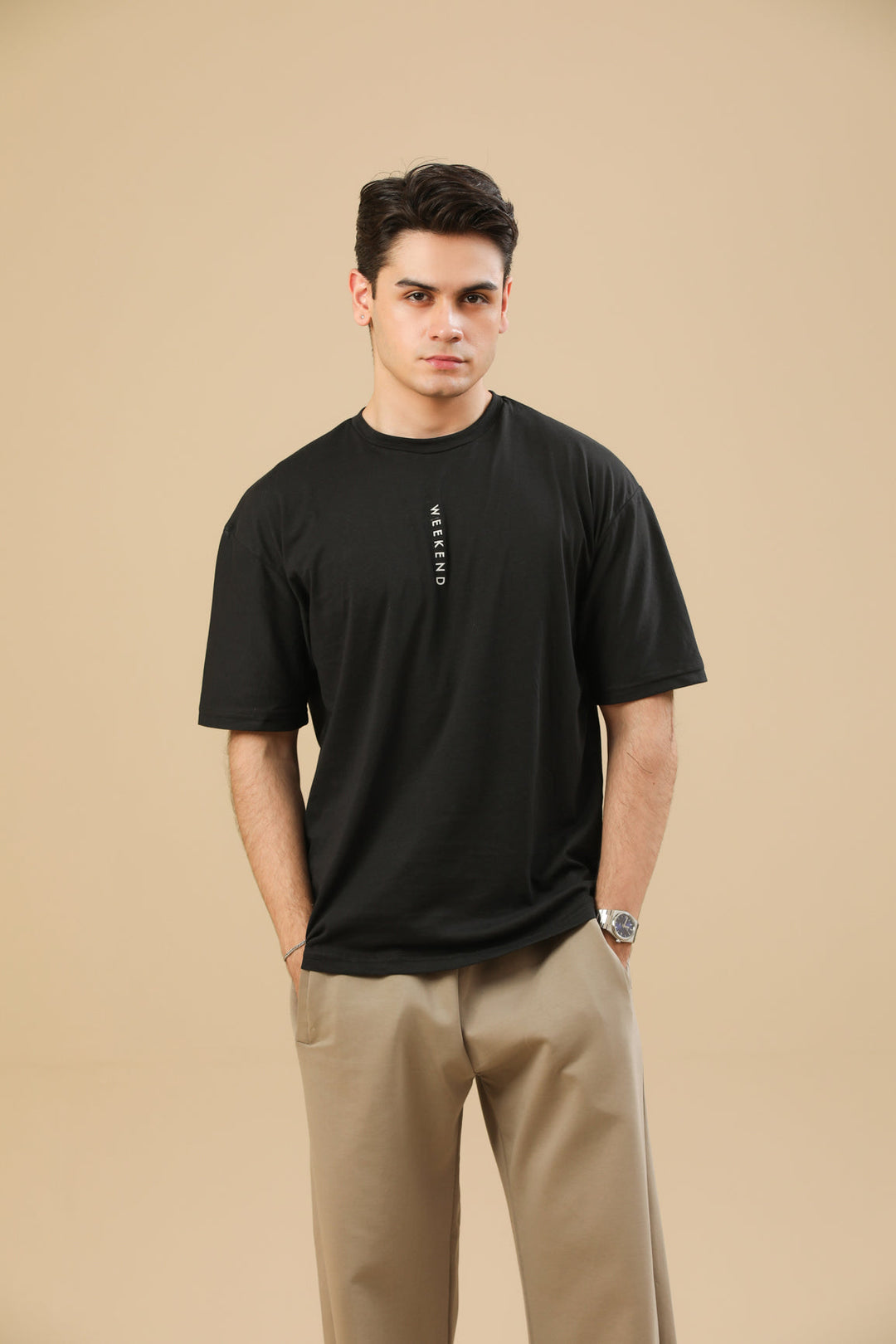 Muraqsh Ready To Wear Solids Cotton Men Weekend Oversized Tee in Black ABD-WOSTB - Summer Collection