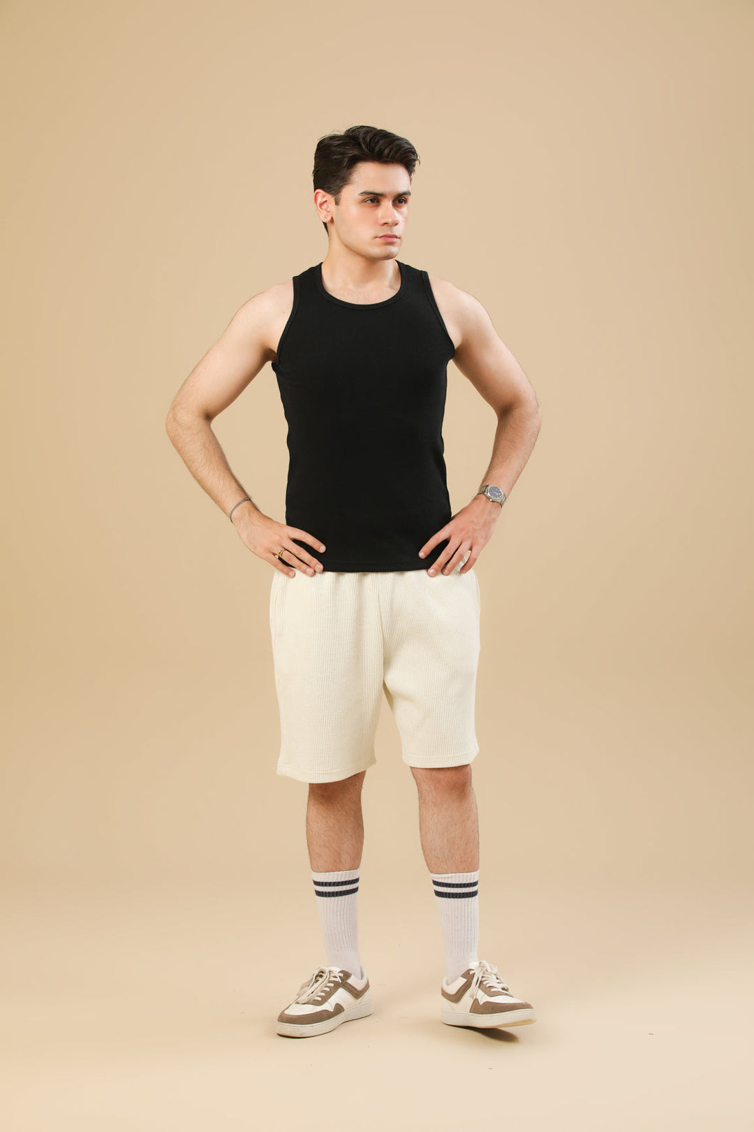 Muraqsh Ready To Wear Solids Waffle Men Off White Textured Shorts with Hidden Drawstring ABD-OWWTSHD - Summer Collection