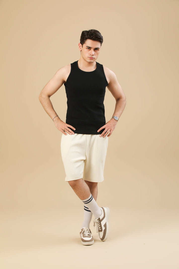 Muraqsh Ready To Wear Solids Waffle Men Off White Textured Shorts with Hidden Drawstring ABD-OWWTSHD - Summer Collection
