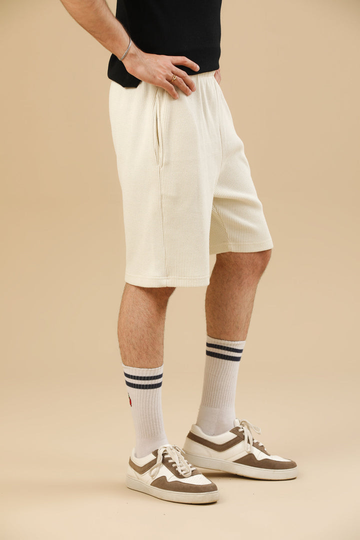 Muraqsh Ready To Wear Solids Waffle Men Off White Textured Shorts with Hidden Drawstring ABD-OWWTSHD - Summer Collection