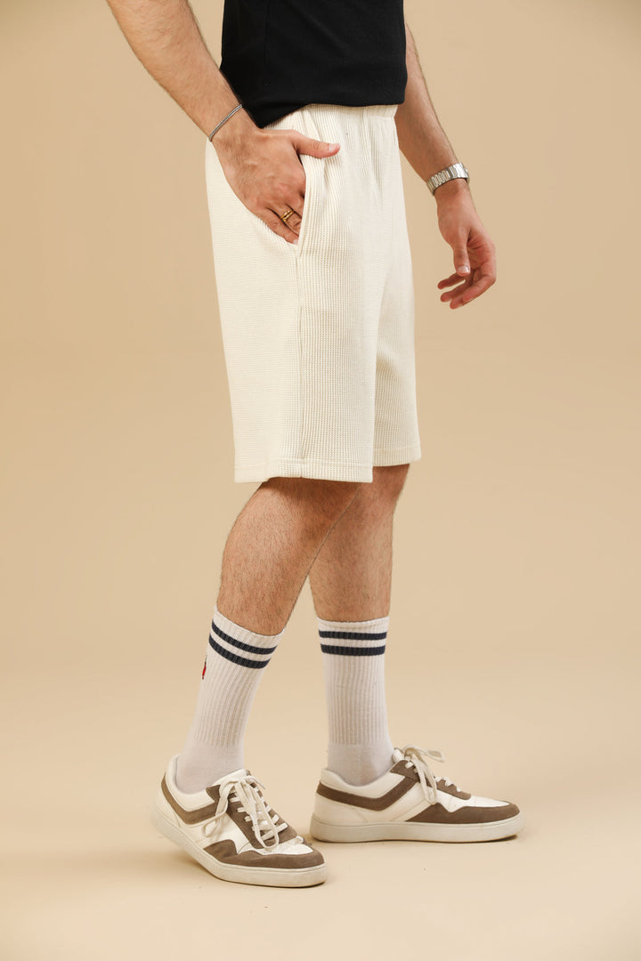 Muraqsh Ready To Wear Solids Waffle Men Off White Textured Shorts with Hidden Drawstring ABD-OWWTSHD - Summer Collection