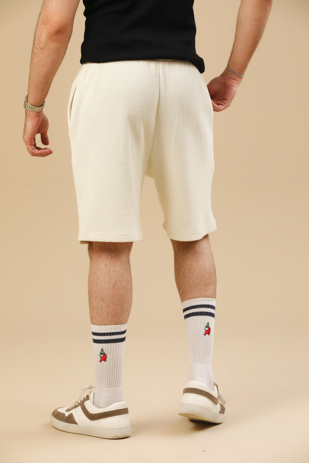 Muraqsh Ready To Wear Solids Waffle Men Off White Textured Shorts with Hidden Drawstring ABD-OWWTSHD - Summer Collection