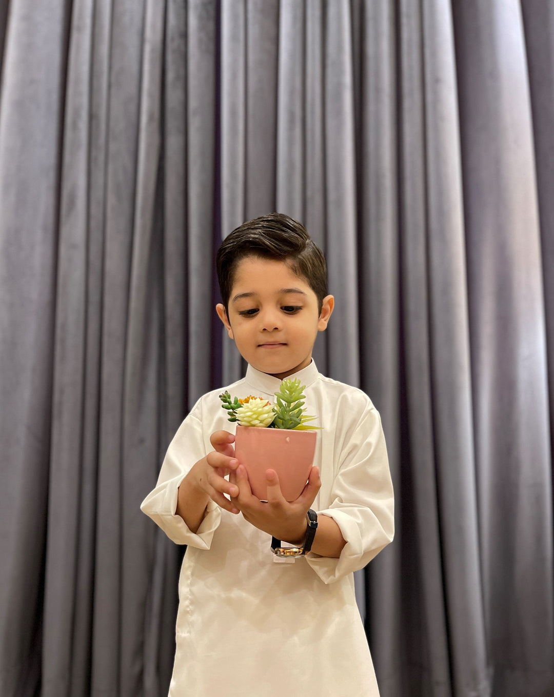 Muraqsh Ready To Wear Solids Cotton Boys Off White Blended Kurta Trouser MUR-OWK - Summer Collection