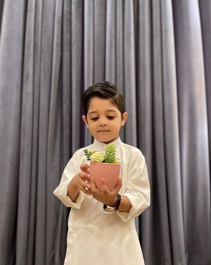 Muraqsh Ready To Wear Solids Cotton Boys Off White Blended Kurta Trouser MUR-OWK - Summer Collection