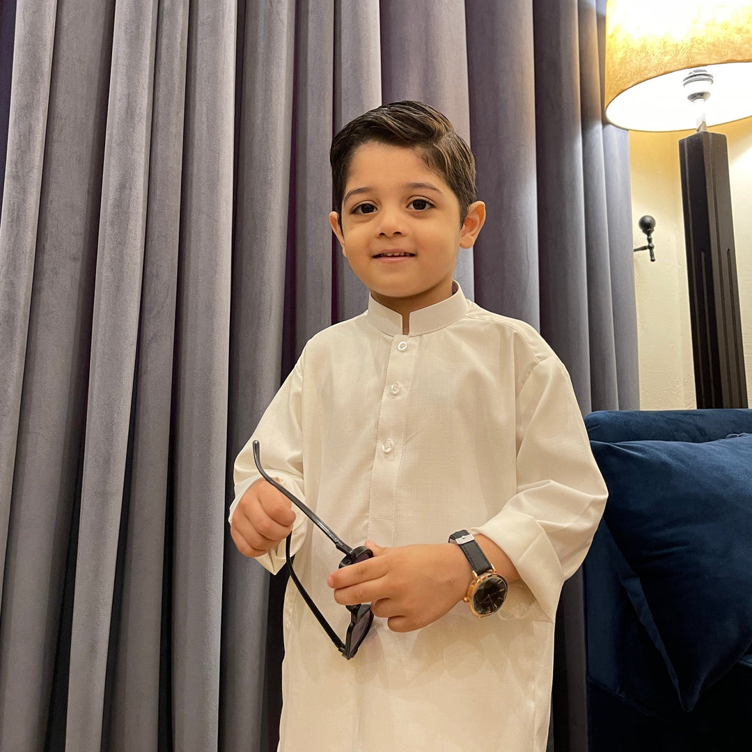 Muraqsh Ready To Wear Solids Cotton Boys Off White Blended Kurta Trouser MUR-OWK - Summer Collection