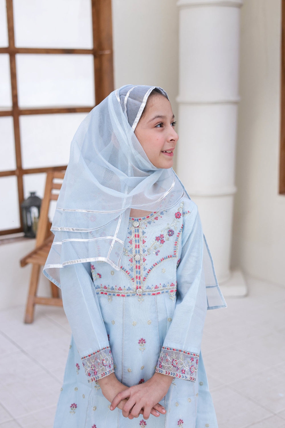 Saheli by Suntex Fabrics Girls RTW Embroidered Organza 3 Piece Suit Frock Light Grey Festive Collection