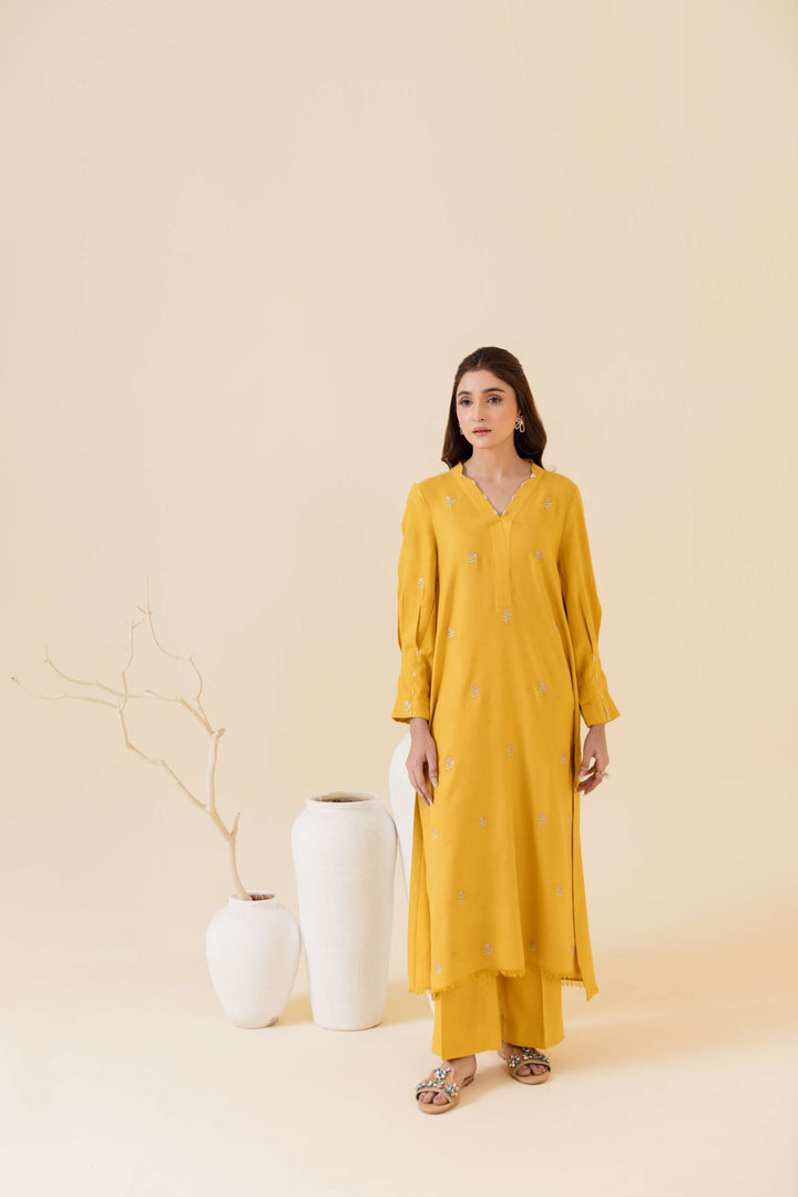 Manara by Maria Pret Wardrobe Embroidered 2 Piece Mustard Peach Wool Cafira - Winter Collection