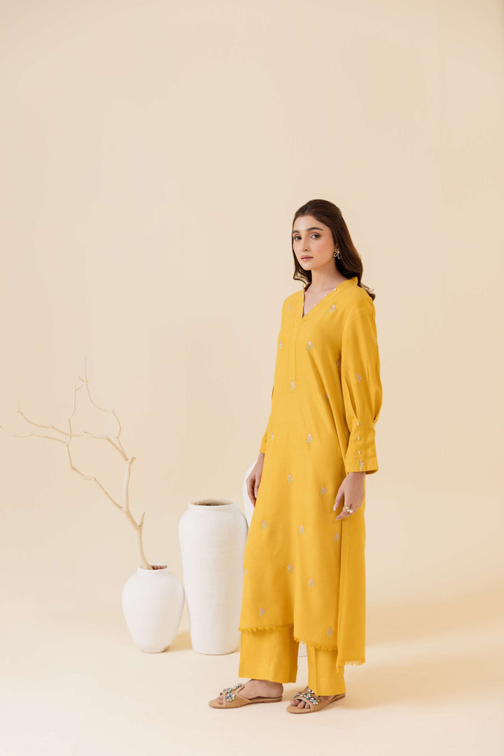 Manara by Maria Pret Wardrobe Embroidered 2 Piece Mustard Peach Wool Cafira - Winter Collection