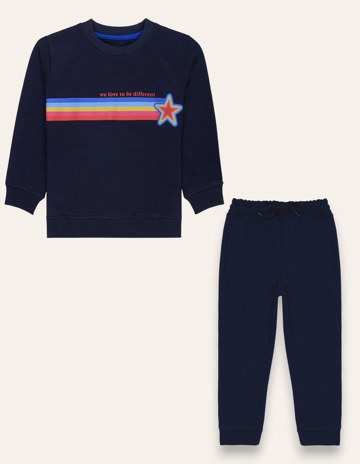 Ixample Kids Pret 2 Piece Hand work Navy Fleece Multi Color Sweatshirt And Trouser Set - Winter Collection