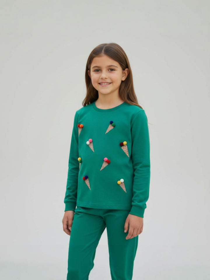Ixample Kids Pret 1 Piece Hand work Waffle Tshirt With Pom Pom Detail - Winter Collection
