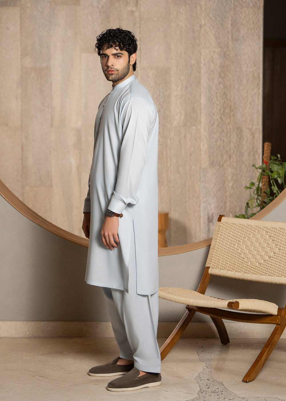 Buraq Men RTW Solids Wash N Wear Kurta Shalwar Suit Ice Blue Ban Casual Collection