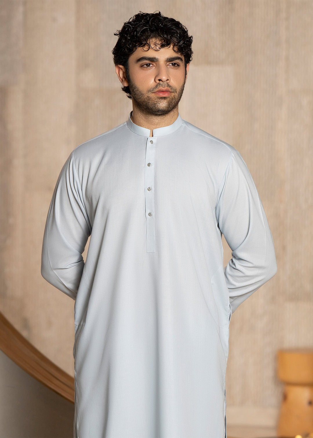 Buraq Men RTW Solids Wash N Wear Kurta Shalwar Suit Ice Blue Ban Casual Collection