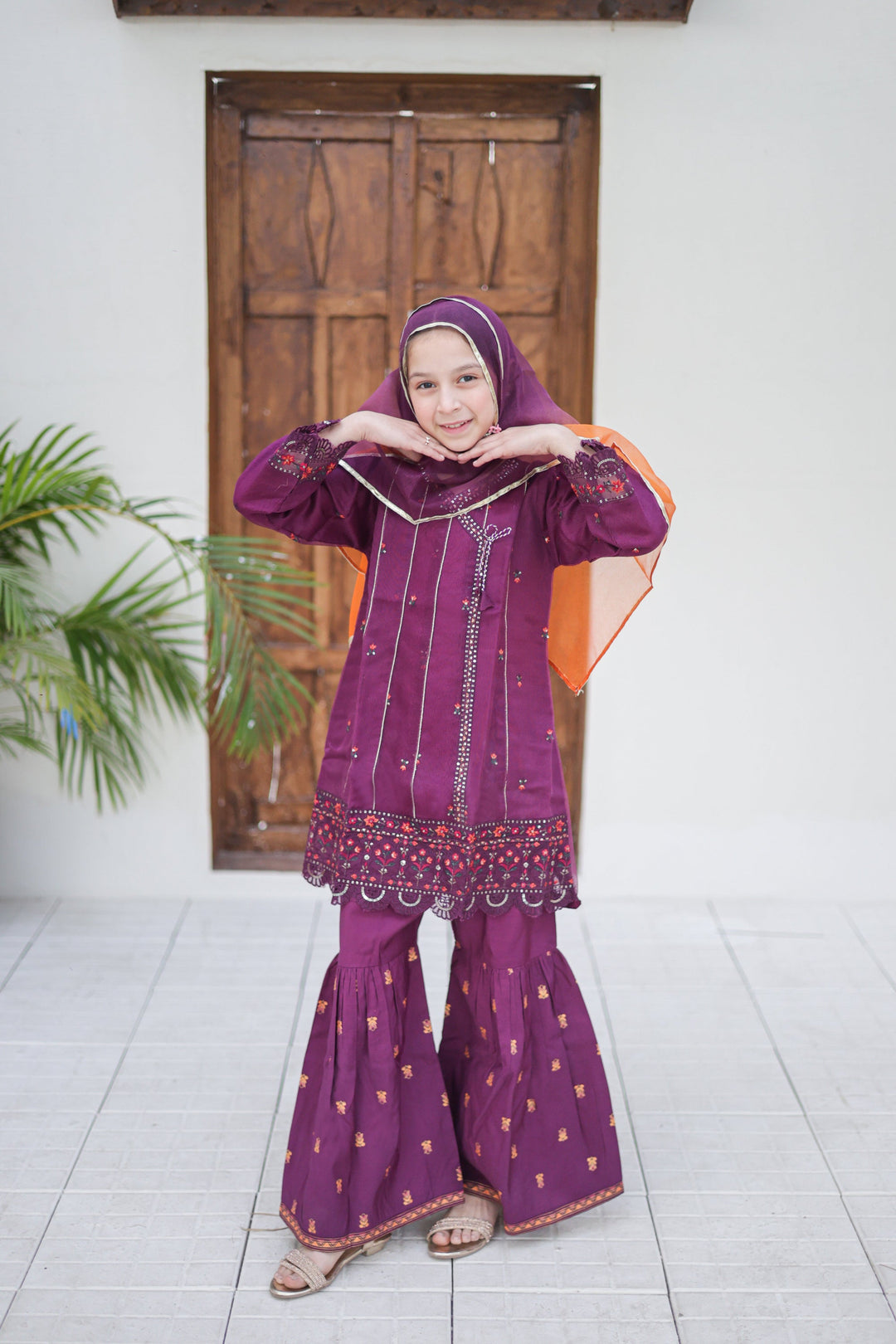 Saheli by Suntex Fabrics Girls RTW Embroidered Organza 3 Piece Suit Frock Purple Festive Collection