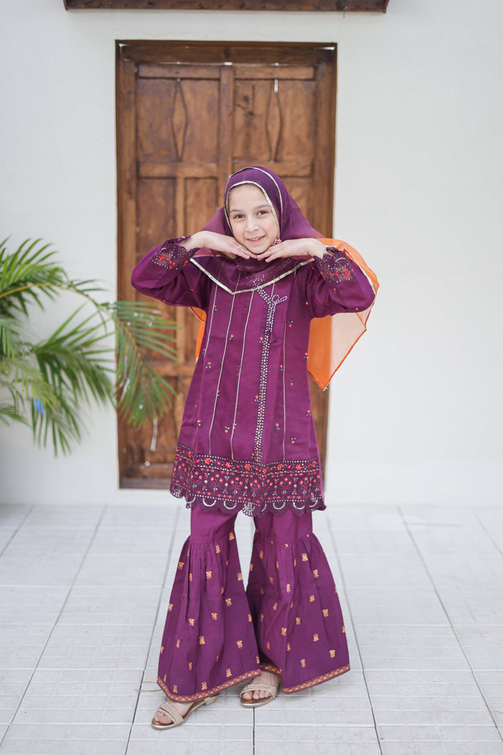 Saheli by Suntex Fabrics Girls RTW Embroidered Organza 3 Piece Suit Frock Purple Festive Collection
