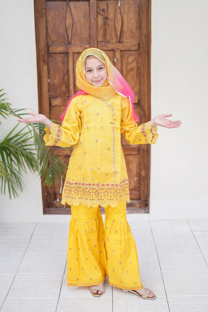 Saheli by Suntex Fabrics Girls RTW Embroidered Organza 3 Piece Suit Frock Yellow Festive Collection