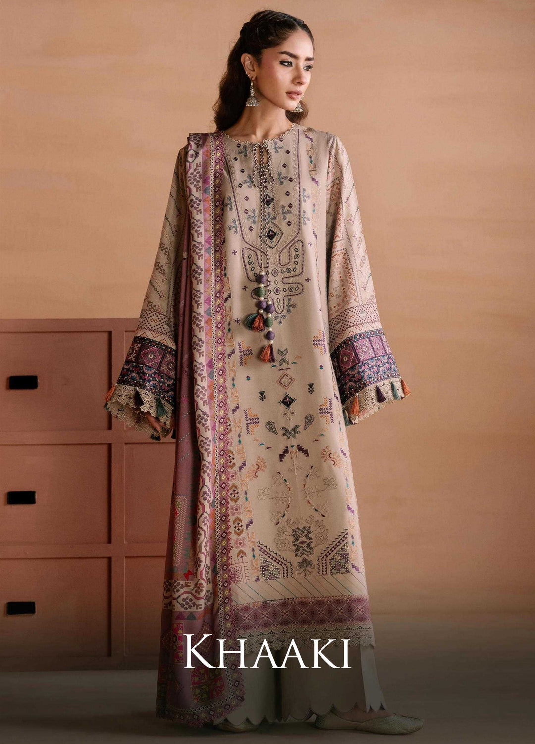 One Nation by Florent Unstitched Embroidered Viscose 3 Piece Suit FL26UON Khaaki - Casual Collection