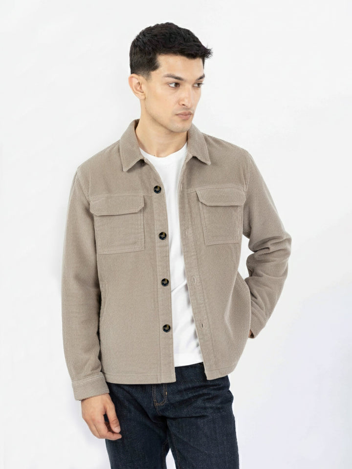 Khaki Corduroy Over-Shirt With Front Flap Pockets