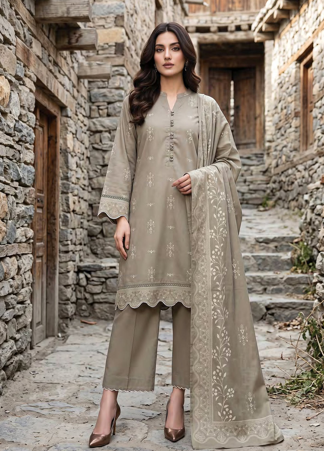 Lakhany Unstitched Printed Pashmina 3 Piece Suit LSM26UP LG-RK-0196-A - Casual Collection