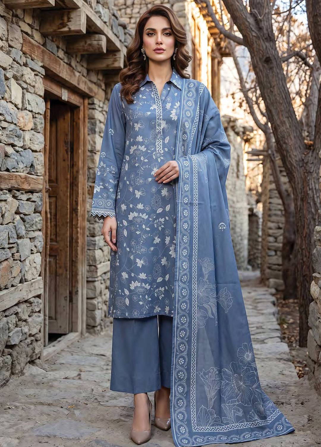 Lakhany Unstitched Printed Pashmina 3 Piece Suit LSM26UP LG-RK-0196-B - Casual Collection