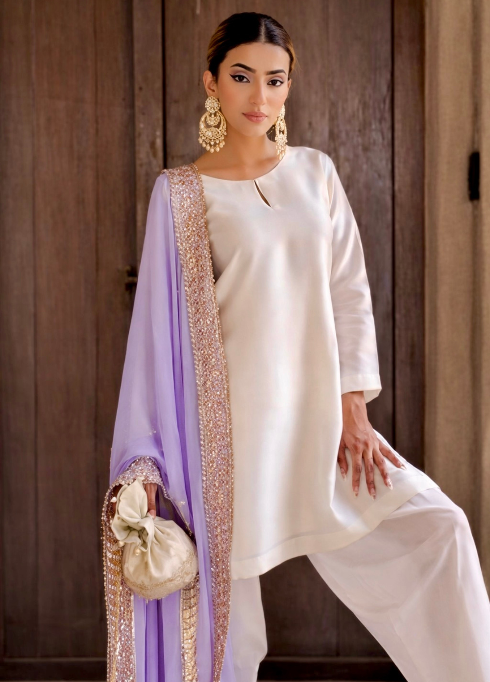 The Opulence by Girl Store RTW Solids Katan Silk 3 Piece Suit Lilac Dove - Eid Collection