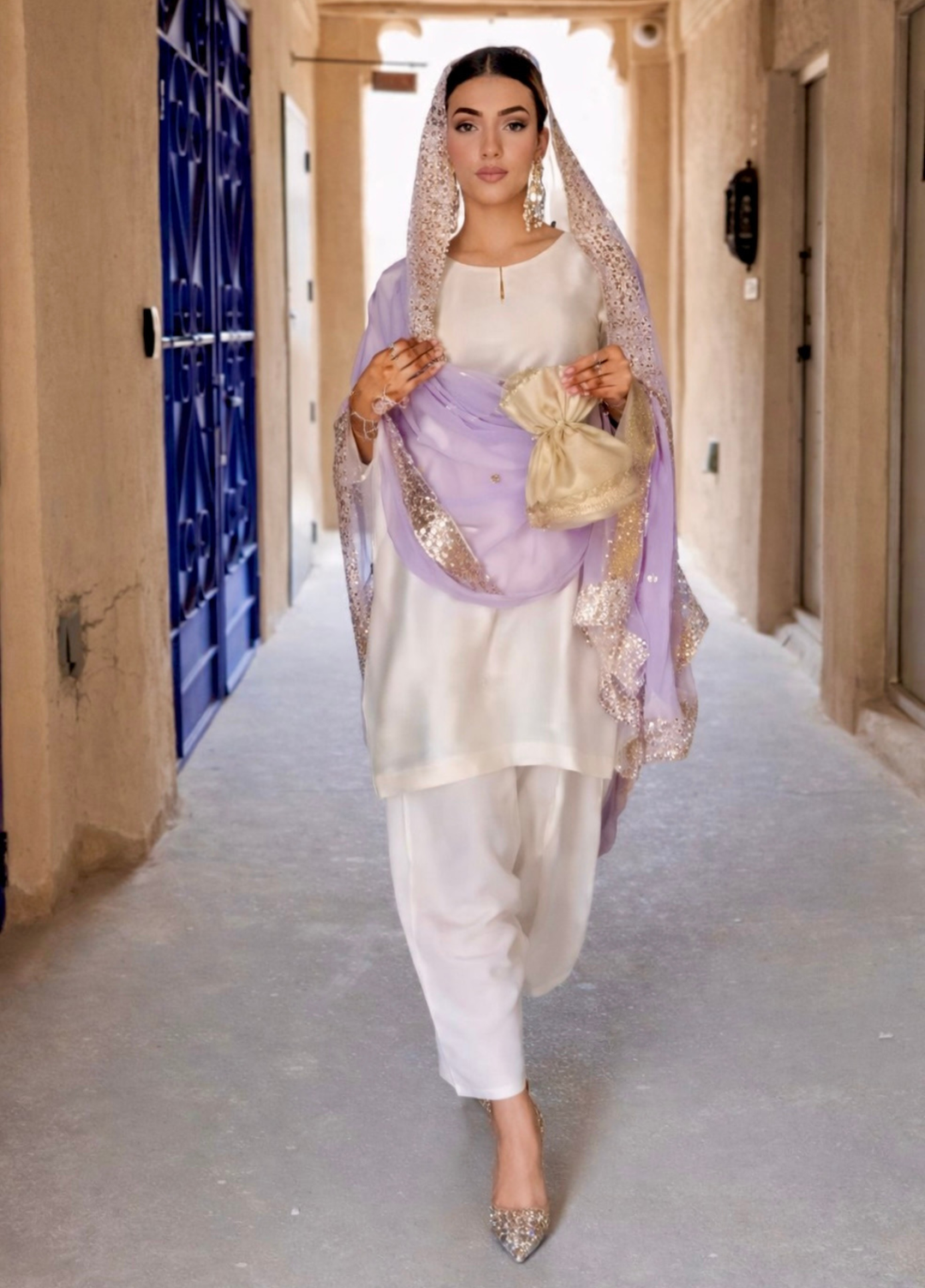 The Opulence by Girl Store RTW Solids Katan Silk 3 Piece Suit Lilac Dove - Eid Collection
