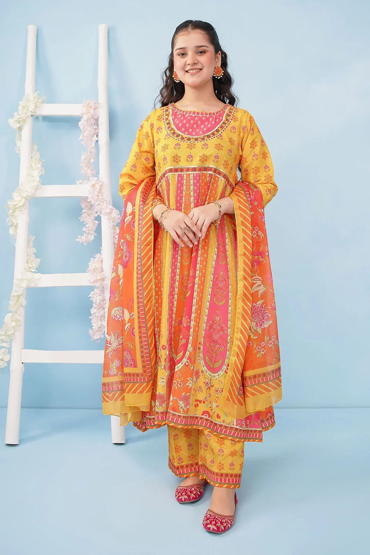 Ochre Girls RTW Poly 3 Piece Suit Mustard Yellow Poly Lawn Digital Printed Maxi with Gota Laces - Festive Collection