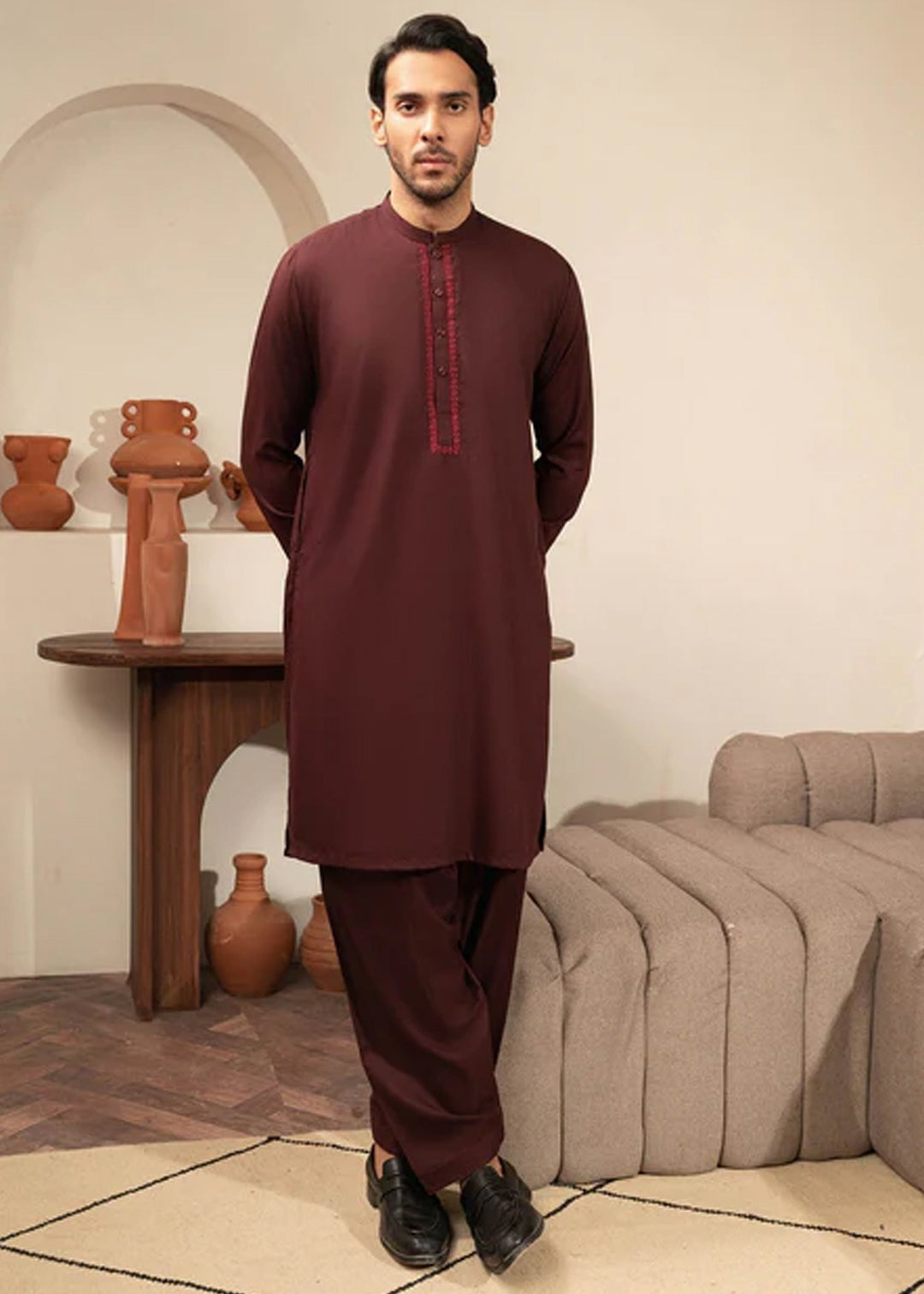 Farmanrawa by Buraq Mens RTW Embroidered Wash N Wear 2 Piece Suit Qasid Casual Collection
