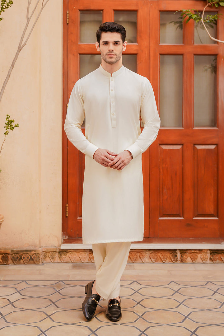 Divinely Crafted Men Ready To Wear Solids Cotton Shalwar Kameez Eggshell White Boski - Summer Collection