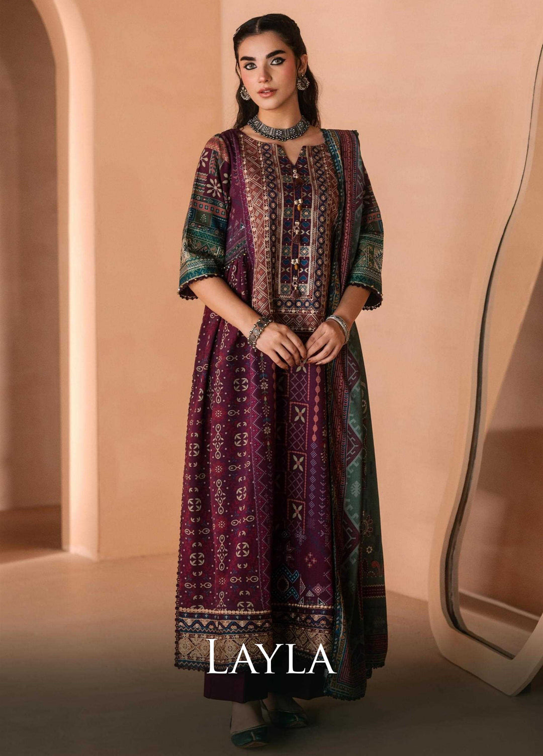 One Nation by Florent Unstitched Embroidered Viscose 3 Piece Suit FL26UON Layla - Casual Collection